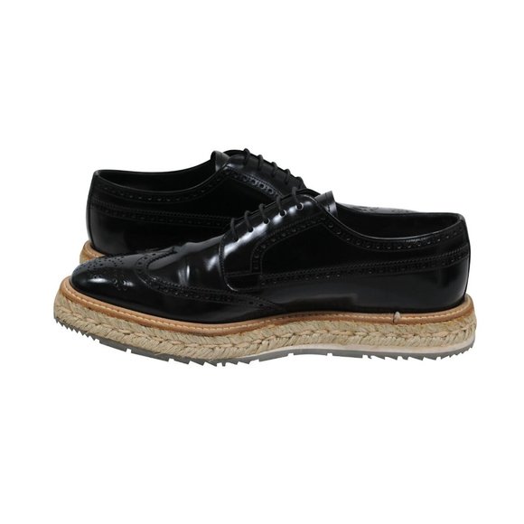 Prada Men Platform Brogue US9.5 UK8.5 Black Leather Wingtip Espadrille Medallion - Picture 9 of 11